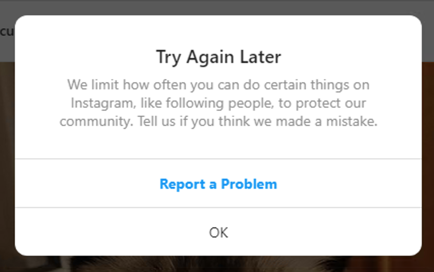 instagram problem popup